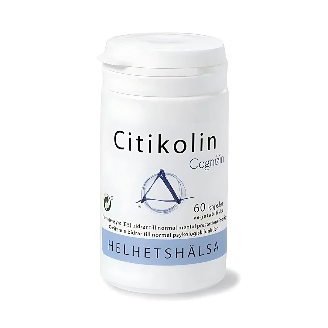 Helhetshälsa Citikolin 60 caps, en vit plastburk med blå och svart textering., bild 1 av 1