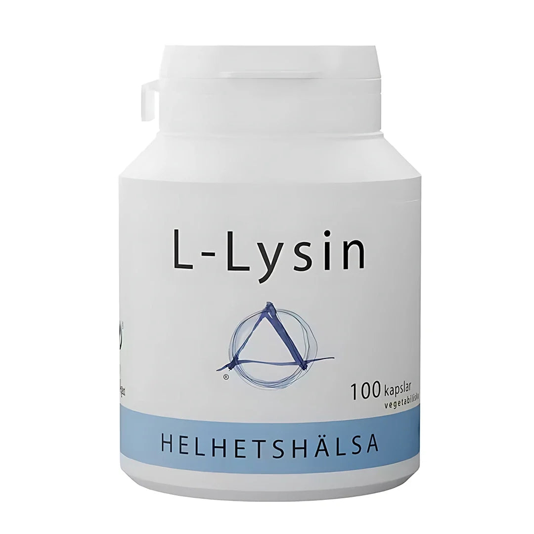 Helhetshälsa L-Lysin 470 mg 100 caps aminosyror i en vit plastburk med ljusblå detaljer., bild 1 av 1