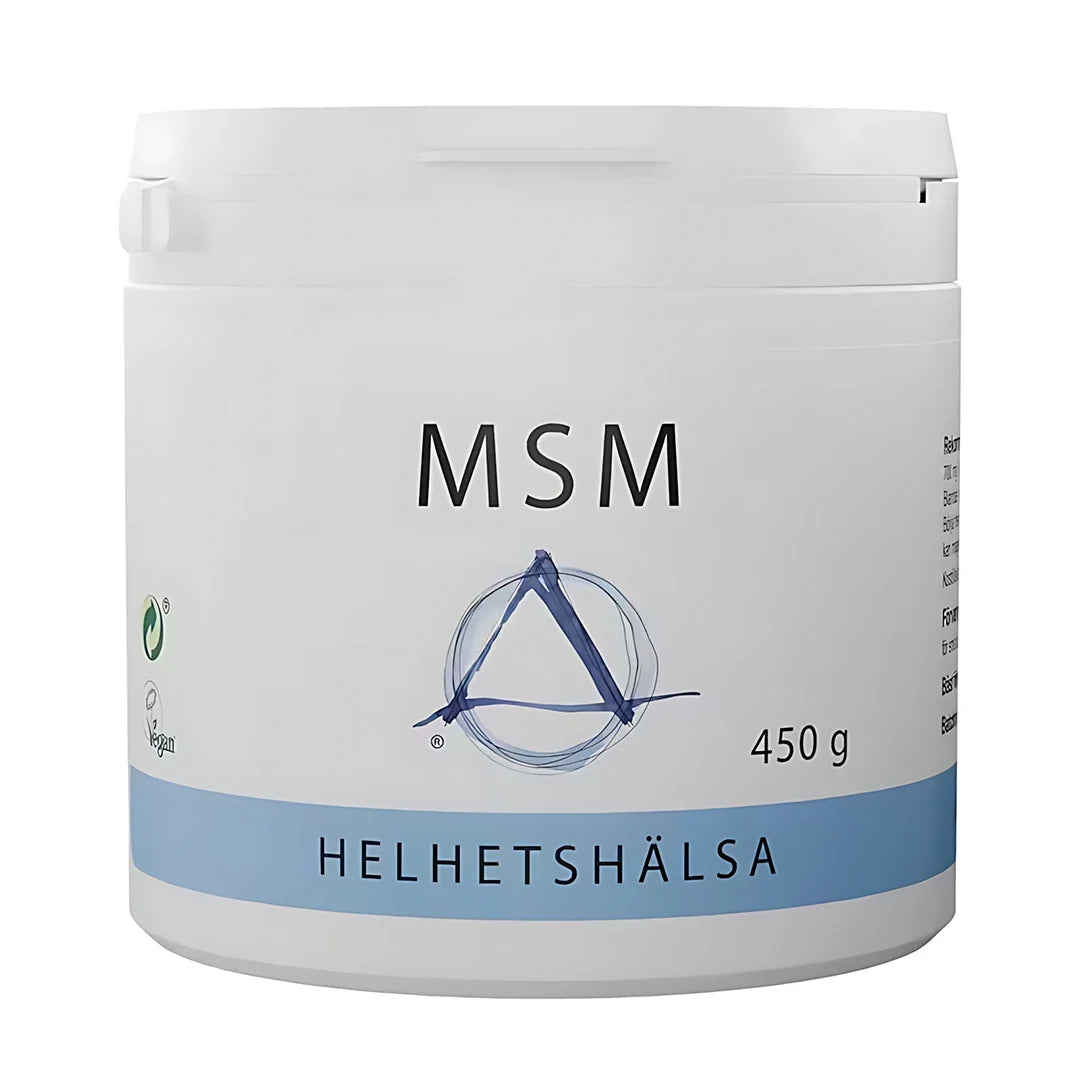 Helhetshälsa MSM pulver 450 g i en vit plastburk med ljusblå detaljer.