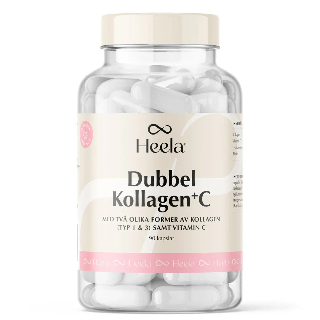 Heela Dubbel Kollagen + C 90 caps i en genomskinlig burk med vit och beige etikett, fylld med vita kapslar., bild 1 av 1