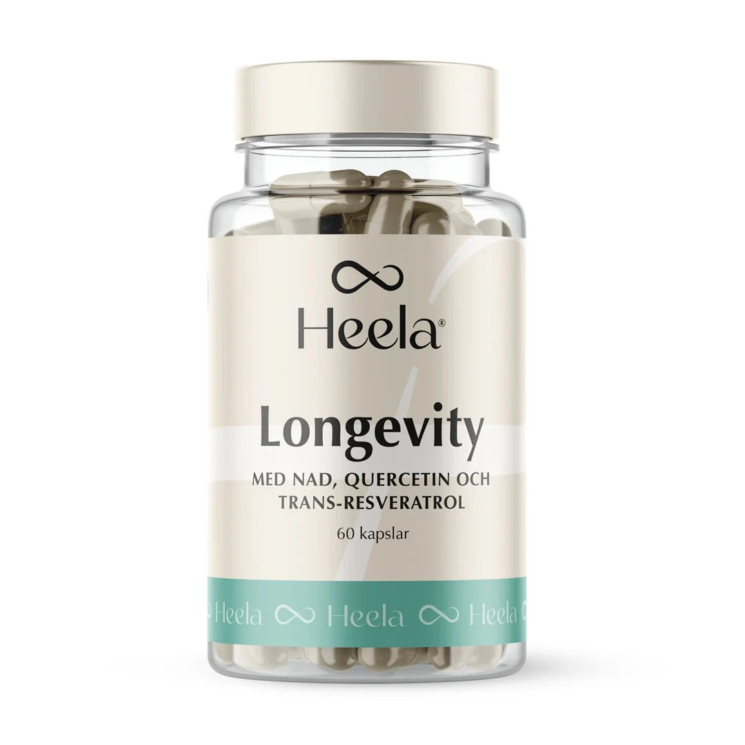 Heela Longevity 60 caps kosttillskott i en transparent plastburk med beige etikett och turkosa detaljer.
