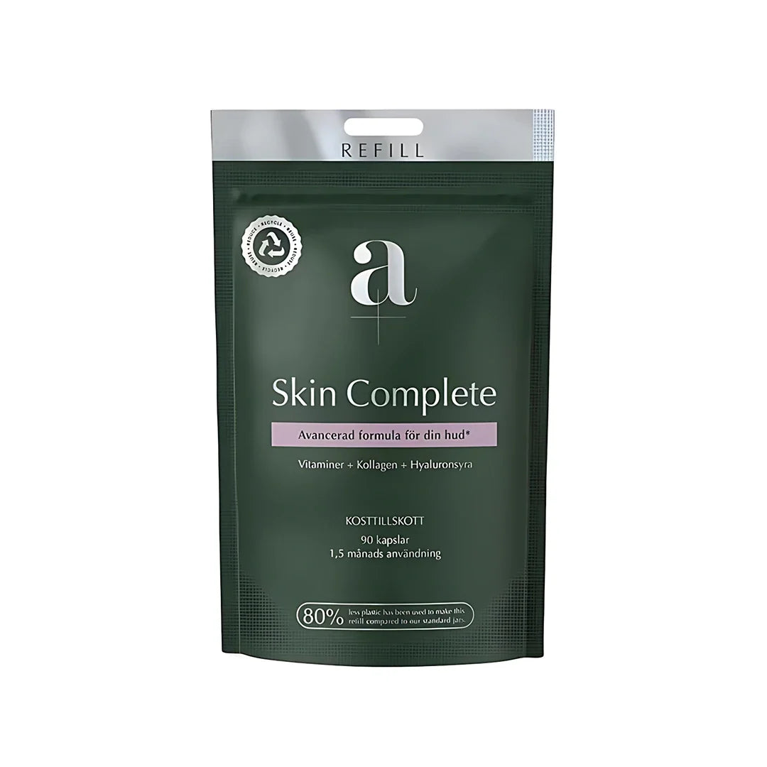 A+ Skin Complete 90 caps Refill, kosttillskott med kollagen i en mörkgrön refillpåse., bild 1 av 1