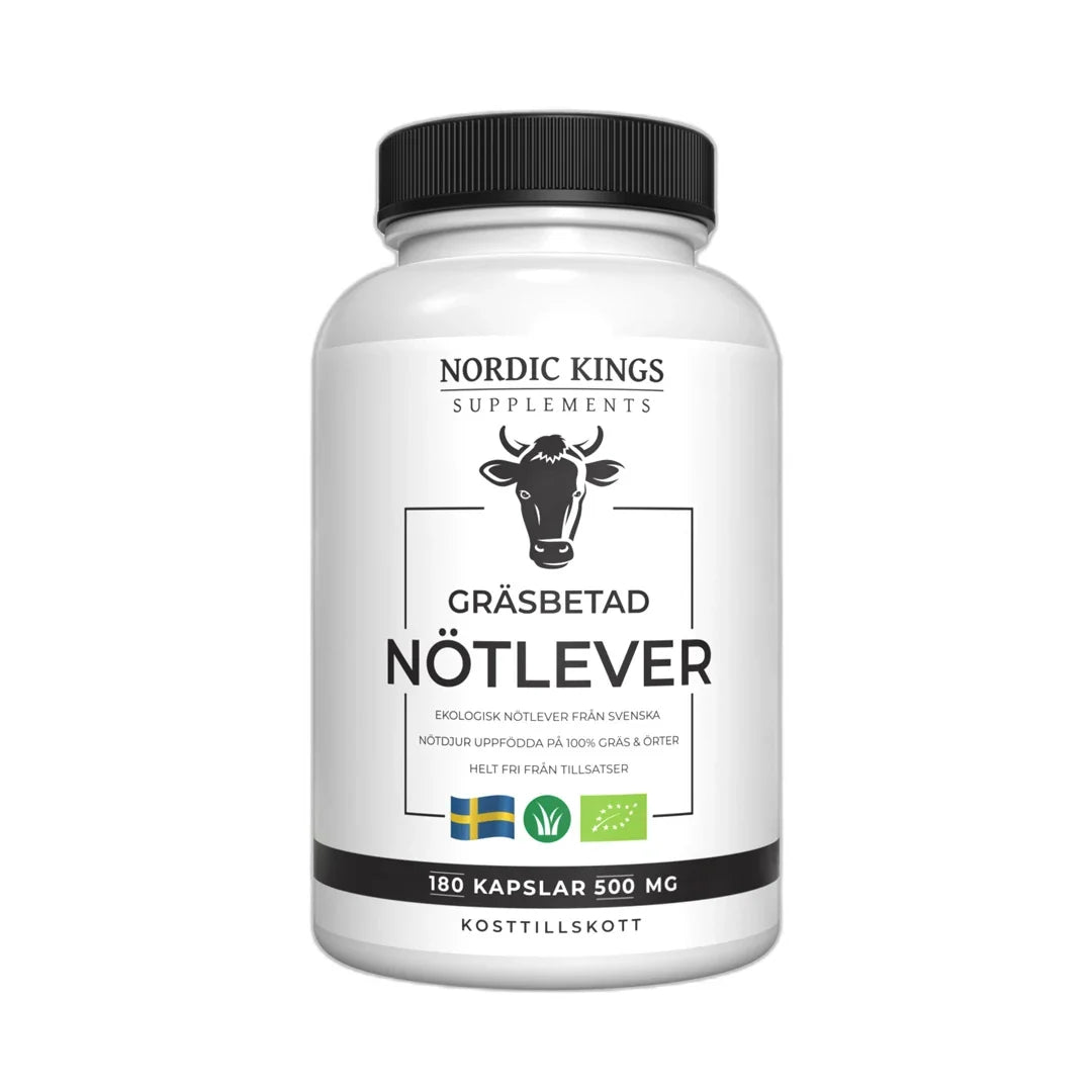Nordic Kings Gräsbetad Nötlever EKO 180 caps förpackad i en vit burk med svart lock och etikett med ko-motiv., bild 1 av 1