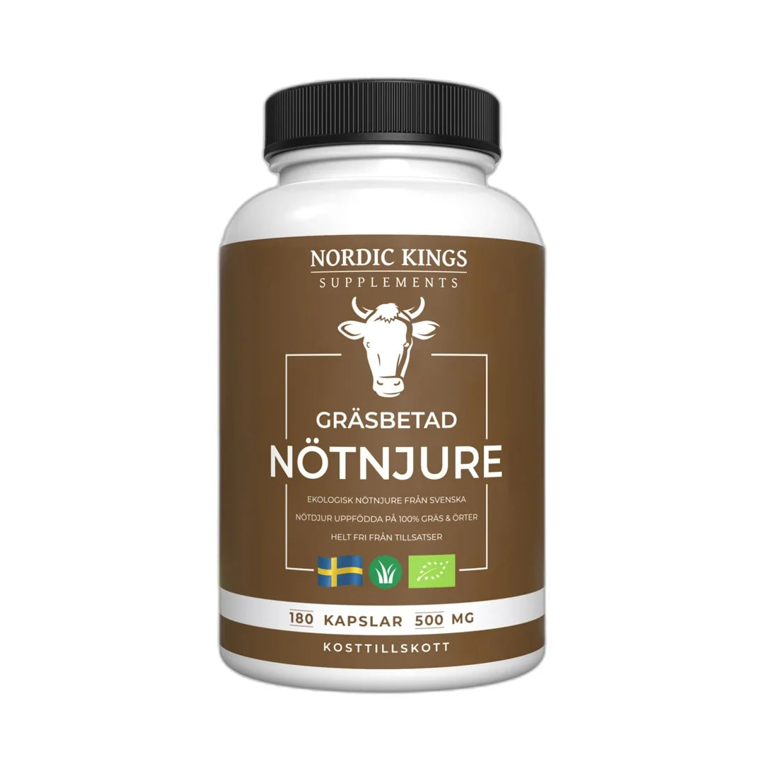 Nordic Kings Gräsbetad Nötnjure EKO 180 caps kosttillskott, förpackad i en vit burk med svart lock och brun etikett.
