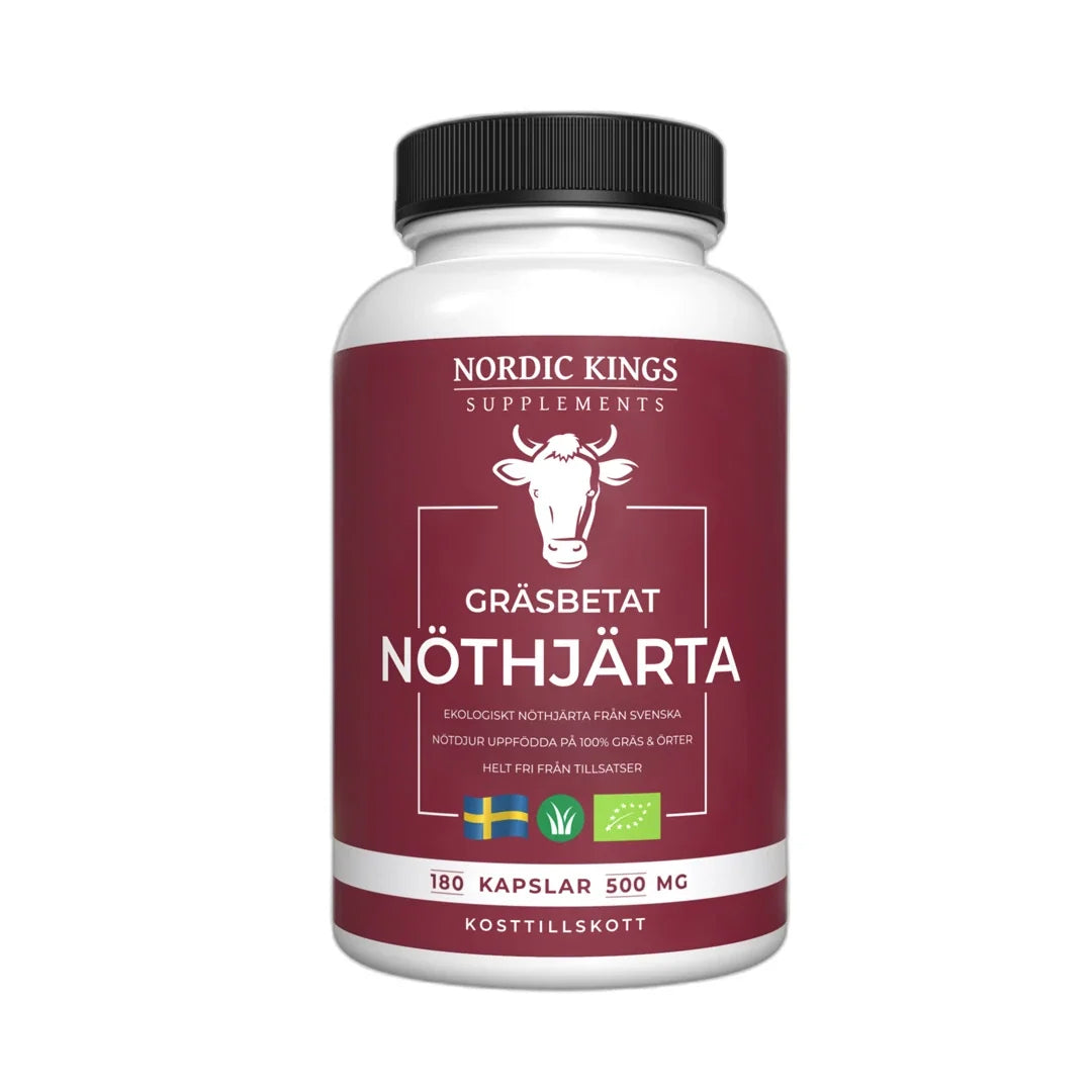 Nordic Kings Gräsbetad Nöthjärta EKO 180 caps i en vit burk med vinröd etikett och svart lock., bild 1 av 1