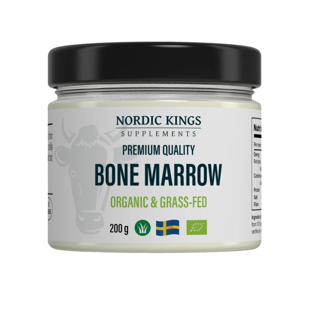 Nordic Kings Premium Bone Marrow EKO 200 g i en glasburk med svart lock och vit etikett.