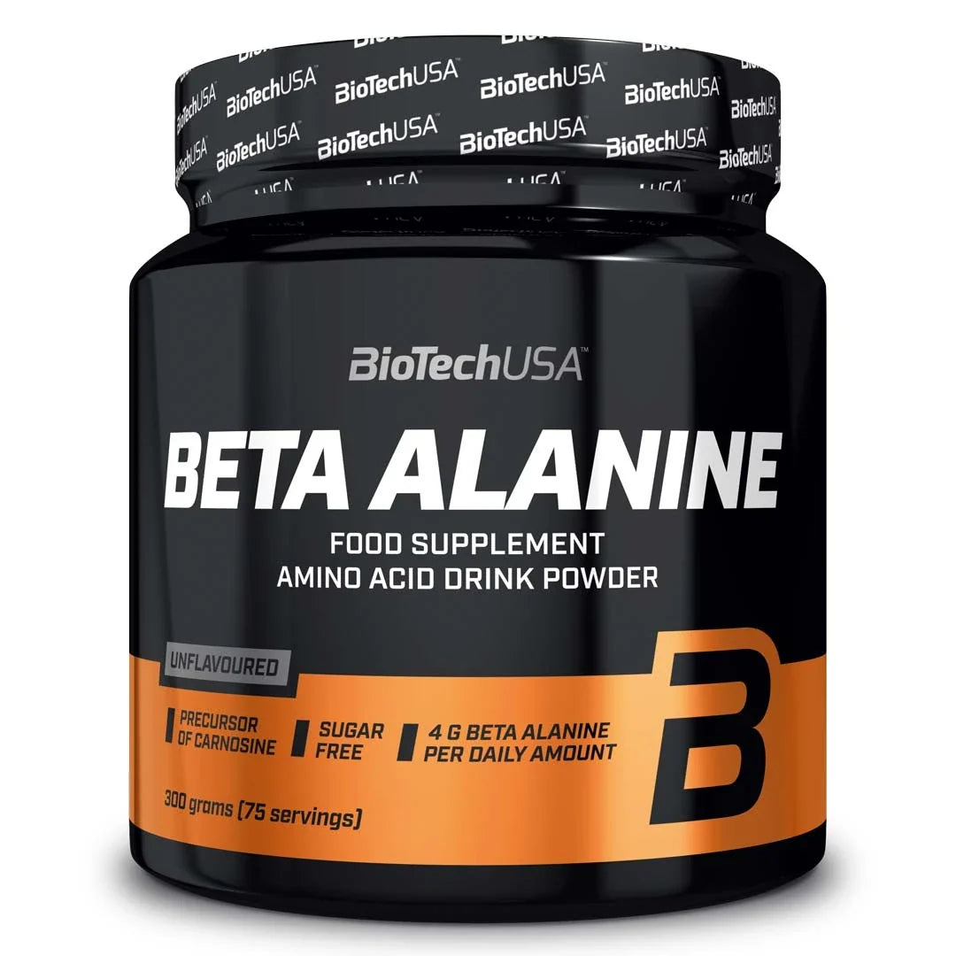 Svart burk med BioTechUSA Beta Alanine 300 g aminosyror i pulverform, vita och orangea detaljer samt logotyp på locket.