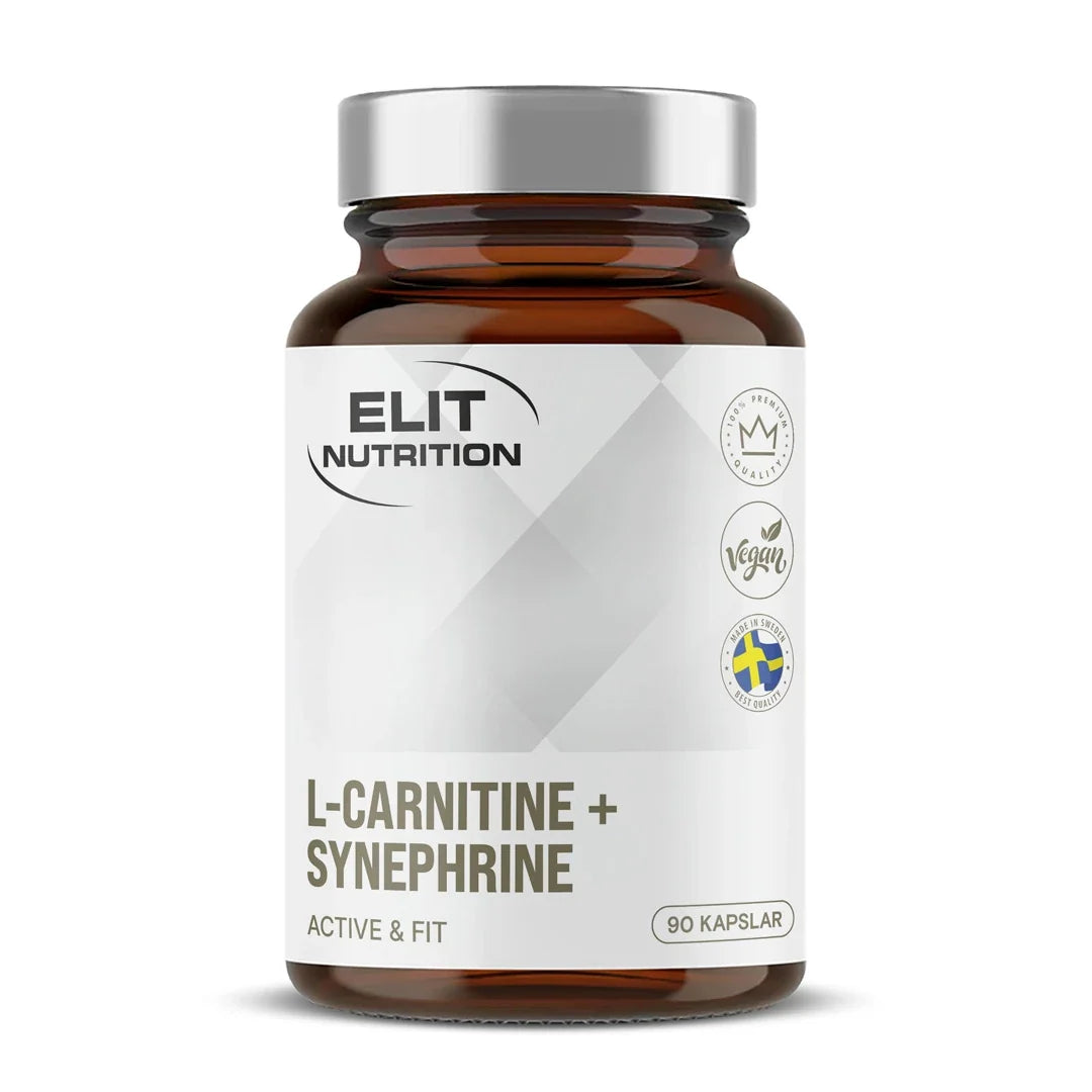 Elit Nutrition Thermo L-carnitine + Synephrine kosttillskott i en mörkbrun burk med silvrigt lock och vit etikett.