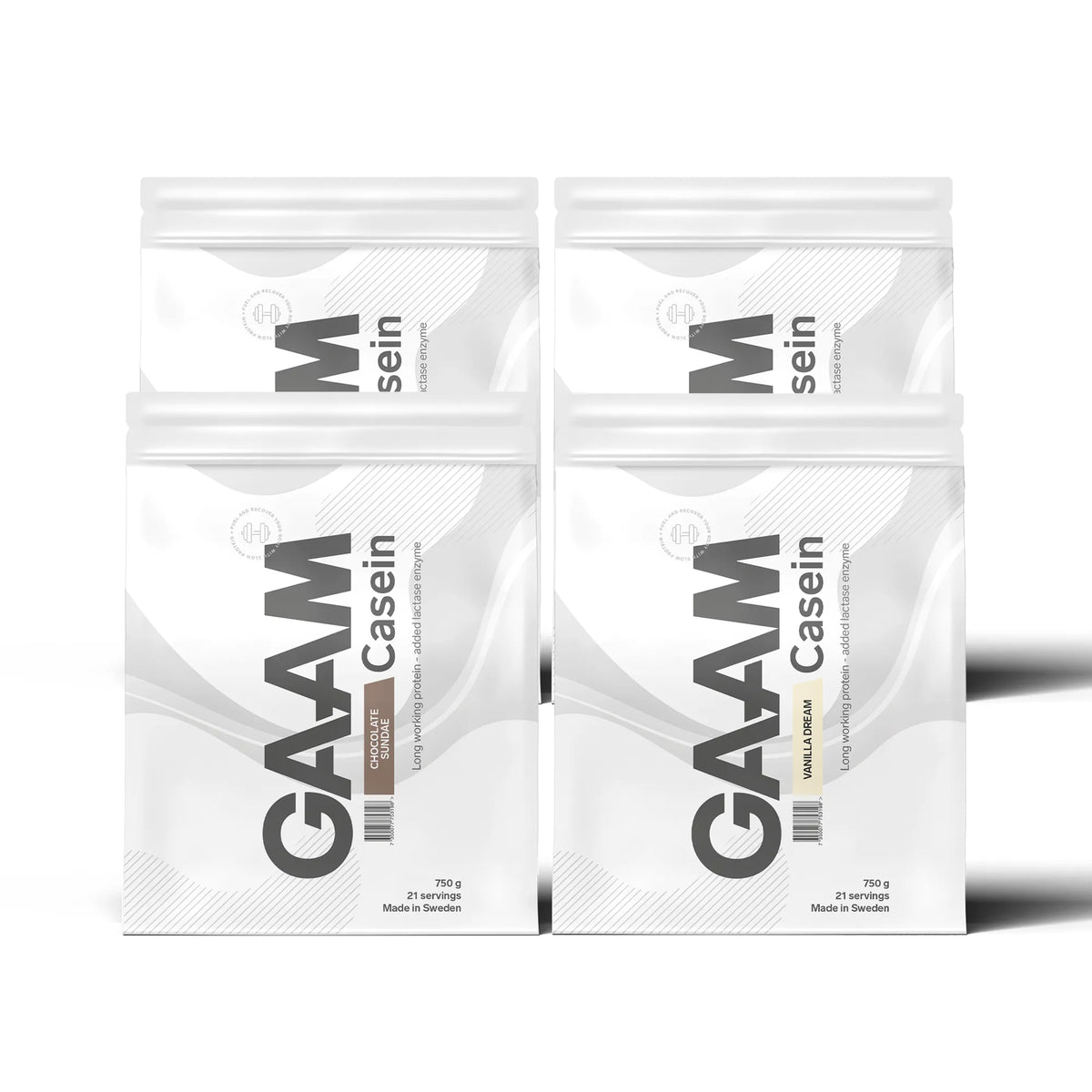 4 x GAAM Casein Kaseinprotein 750 g i fyra vita påsar med grå detaljer för olika smaker., bild 1 av 1