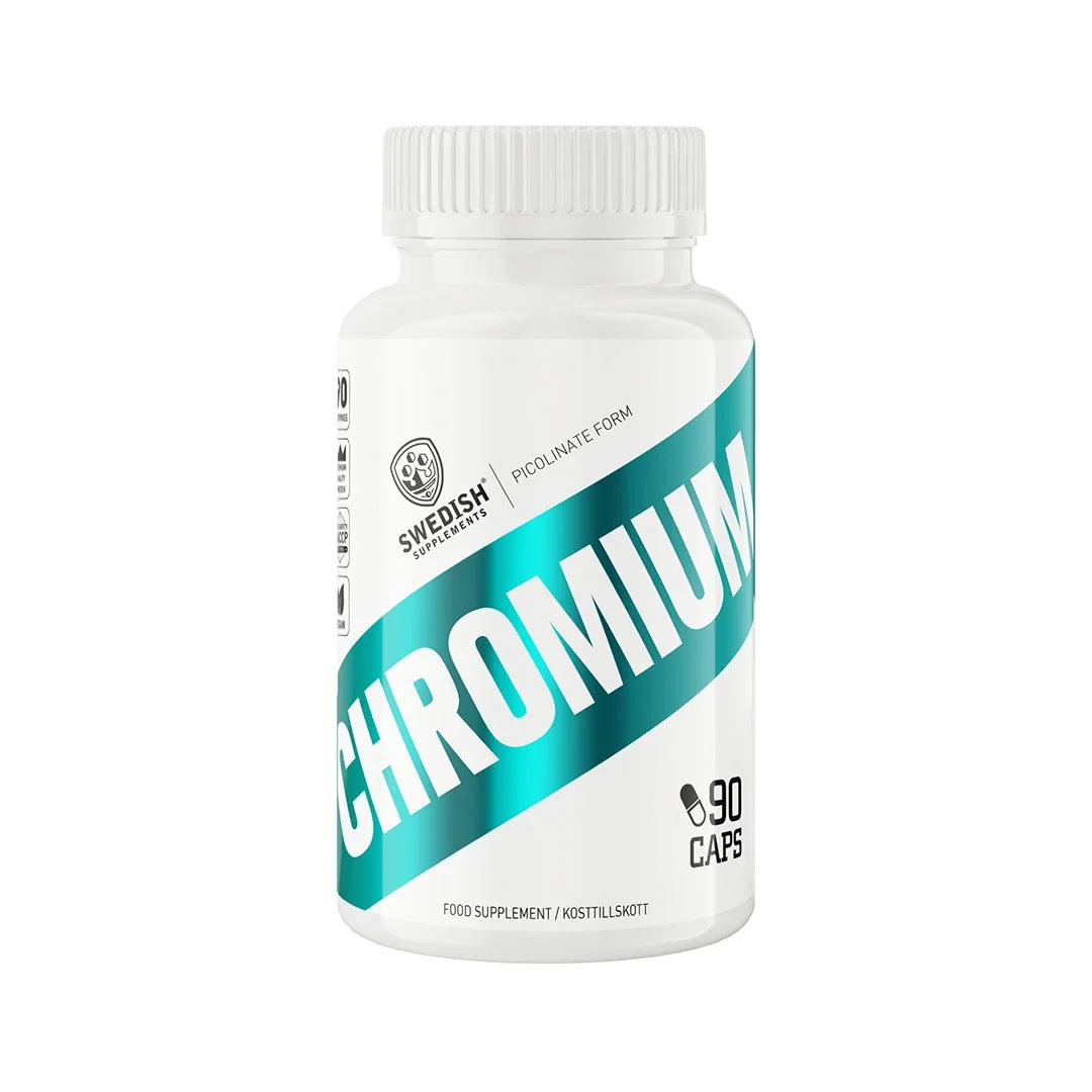 Swedish Supplements Chromium 90 caps, ett kosttillskott i en vit plastburk med turkosa detaljer., bild 1 av 1