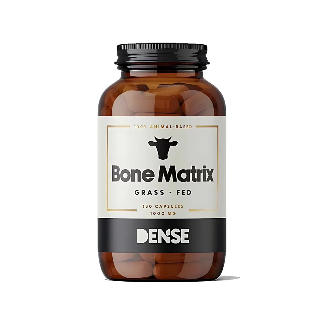 Dense Bone Matrix 180 caps kalciumtillskott i en mörkbrun burk med vit och svart etikett och gulddetaljer.