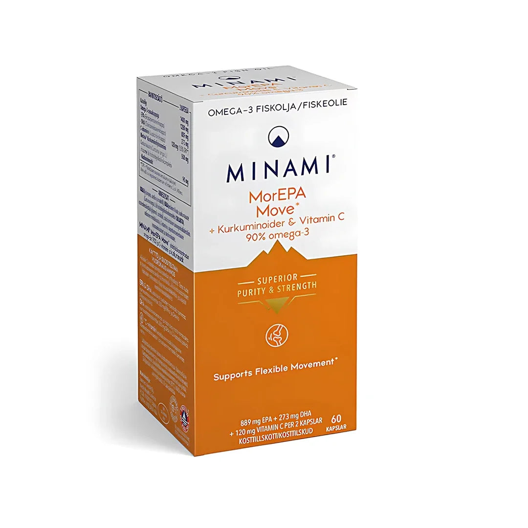 Minami MorEPA Move 90% 60 caps omega-3-kapslar förpackade i en vit och orange pappask.