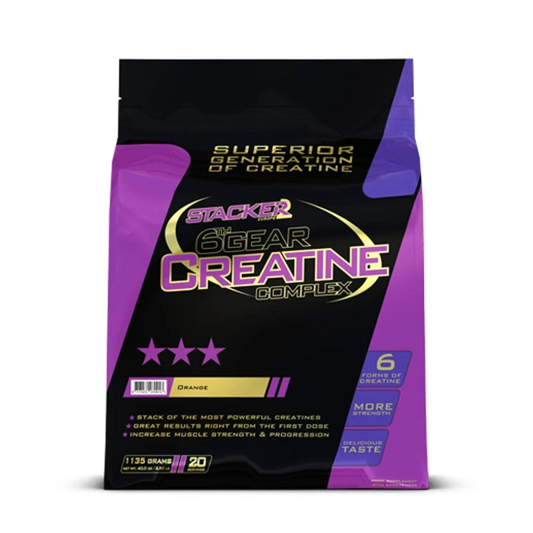 Stacker2 6Th Gear Creatine Lemon 1135 g kreatinblandning i en lila och svart påse med gulddetaljer., bild 2 av 2