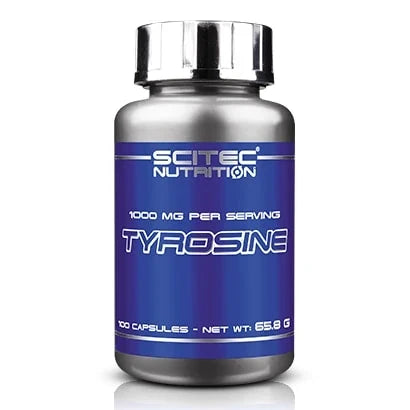Scitec Nutrition Tyrosine 100 caps kosttillskott i en silverfärgad burk med blå etikett och blankt lock.