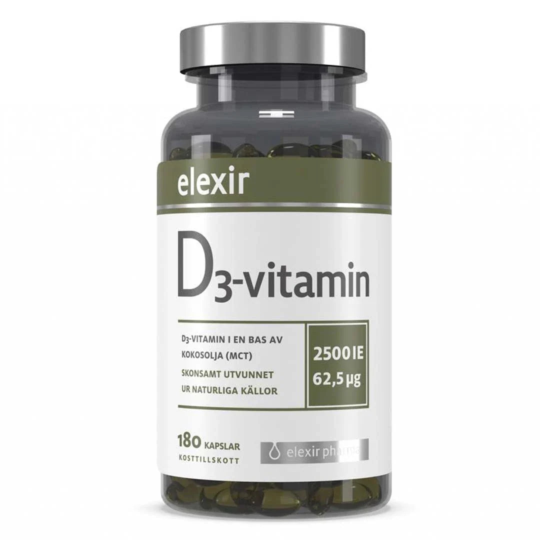 Elexir Pharma D3 Vitamin 2500IE 180 caps kosttillskott i en mörk burk med silverlock och vit etikett.
