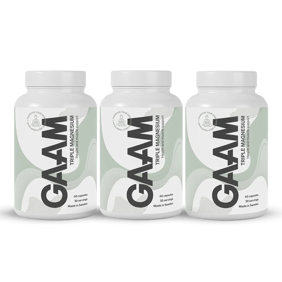 3 x GAAM Triple Magnesium 60 caps i tre vita burkar med grågröna och svarta detaljer för muskelsupport., bild 1 av 1