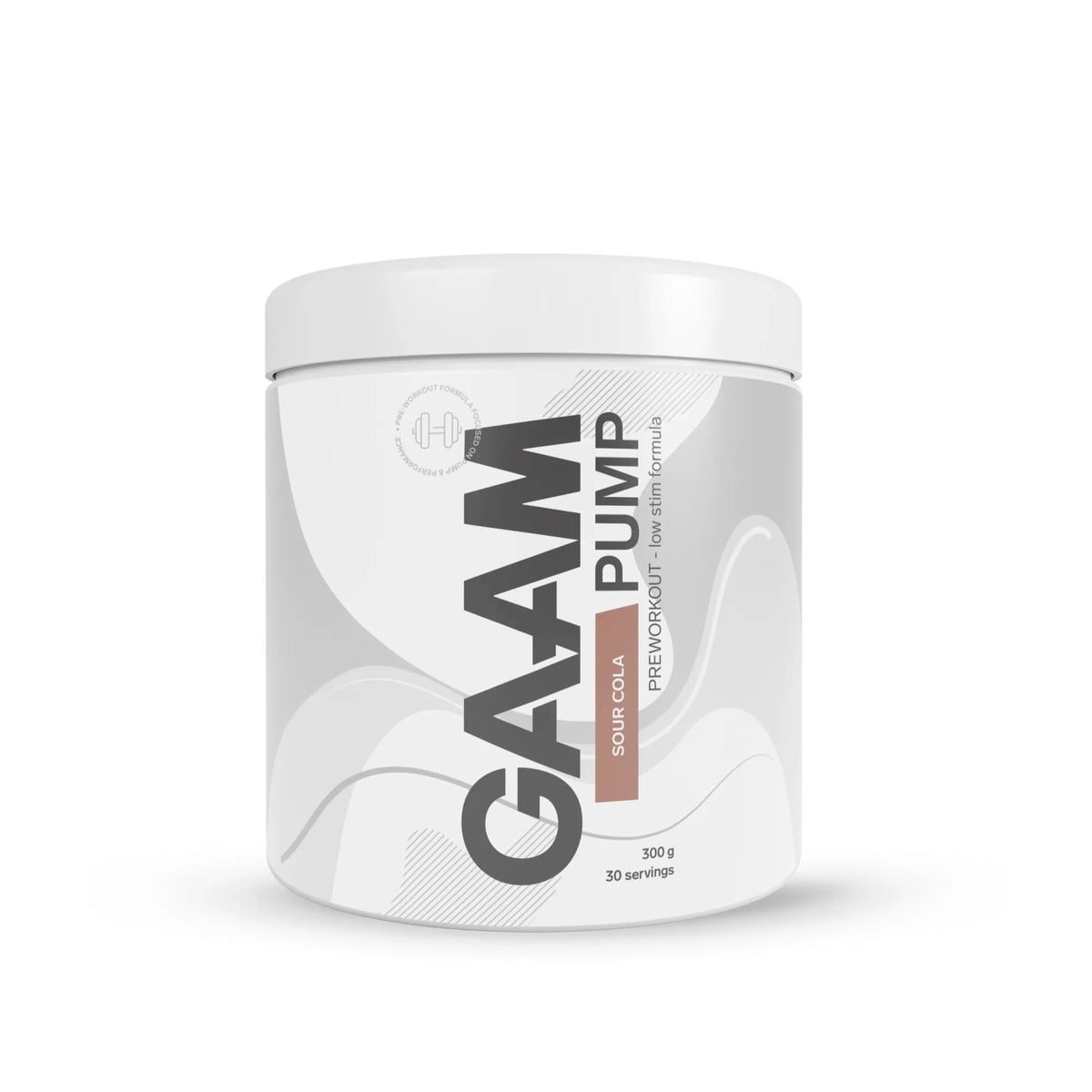 GAAM PUMP 300 g PWO-pulver i en vit och grå burk med bruna detaljer för smaken Sour Cola., bild 1 av 3