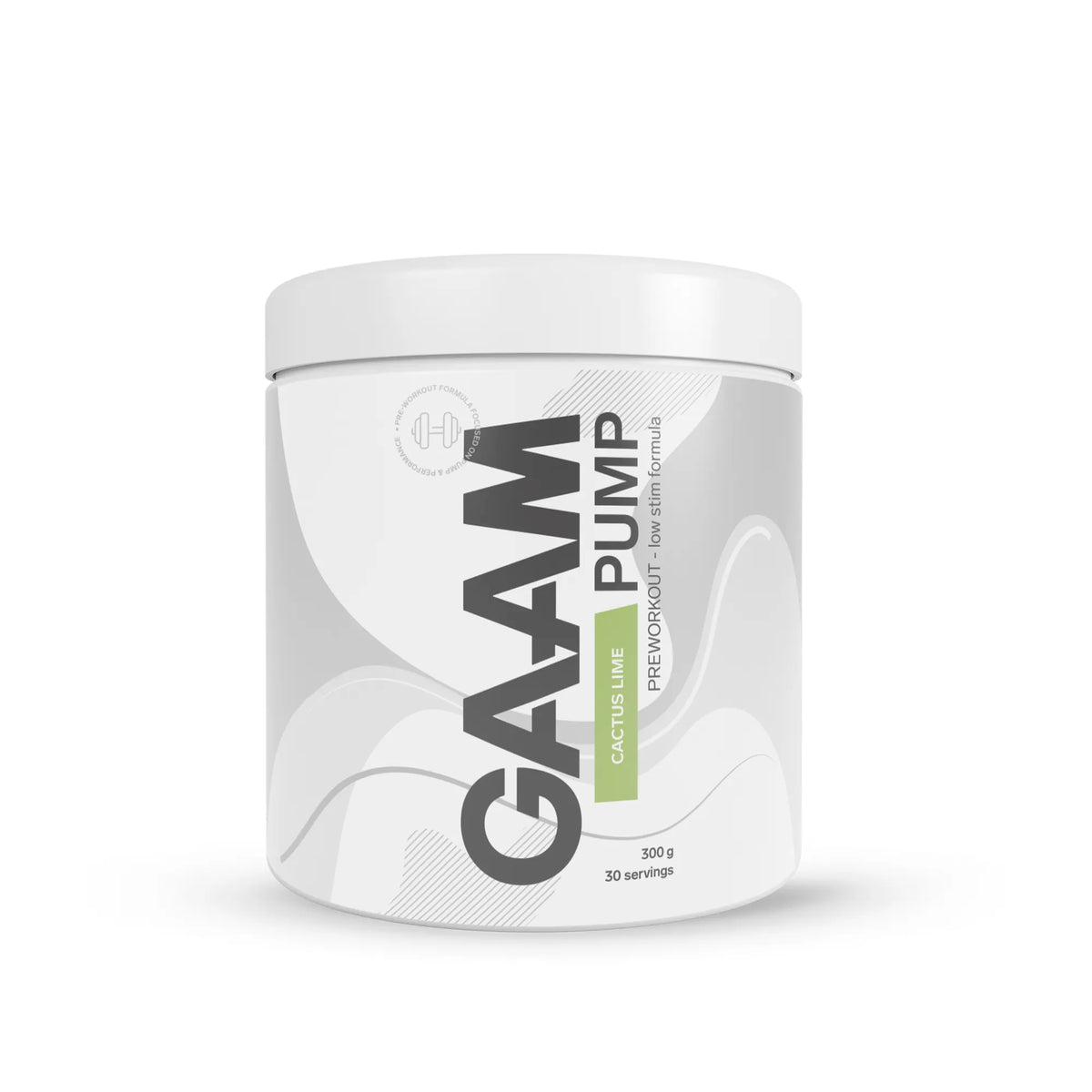 GAAM PUMP 300 g pre-workout i en vit burk med grått mönster och ljusgröna detaljer för smaken Cactus Lime., bild 2 av 3