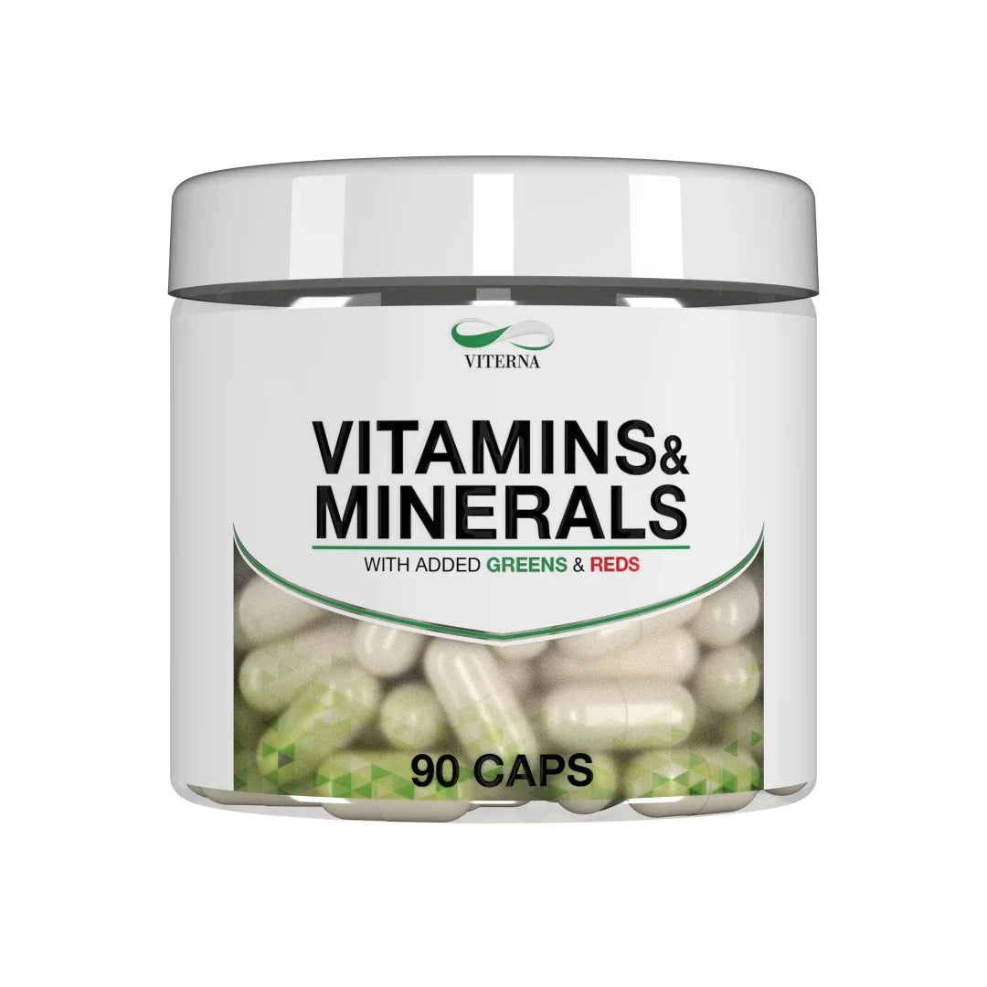 Viterna Vitamins &amp; Minerals 90 caps multivitamin i en vit burk med synliga kapslar och gröna detaljer., bild 1 av 1