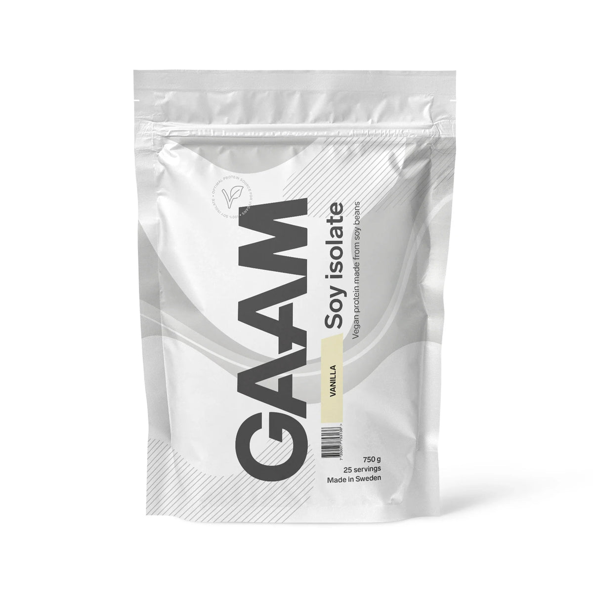 GAAM Soy Isolate 750 g veganskt sojaproteinpulver i en vit påse för smaken Vanilla., bild 2 av 2