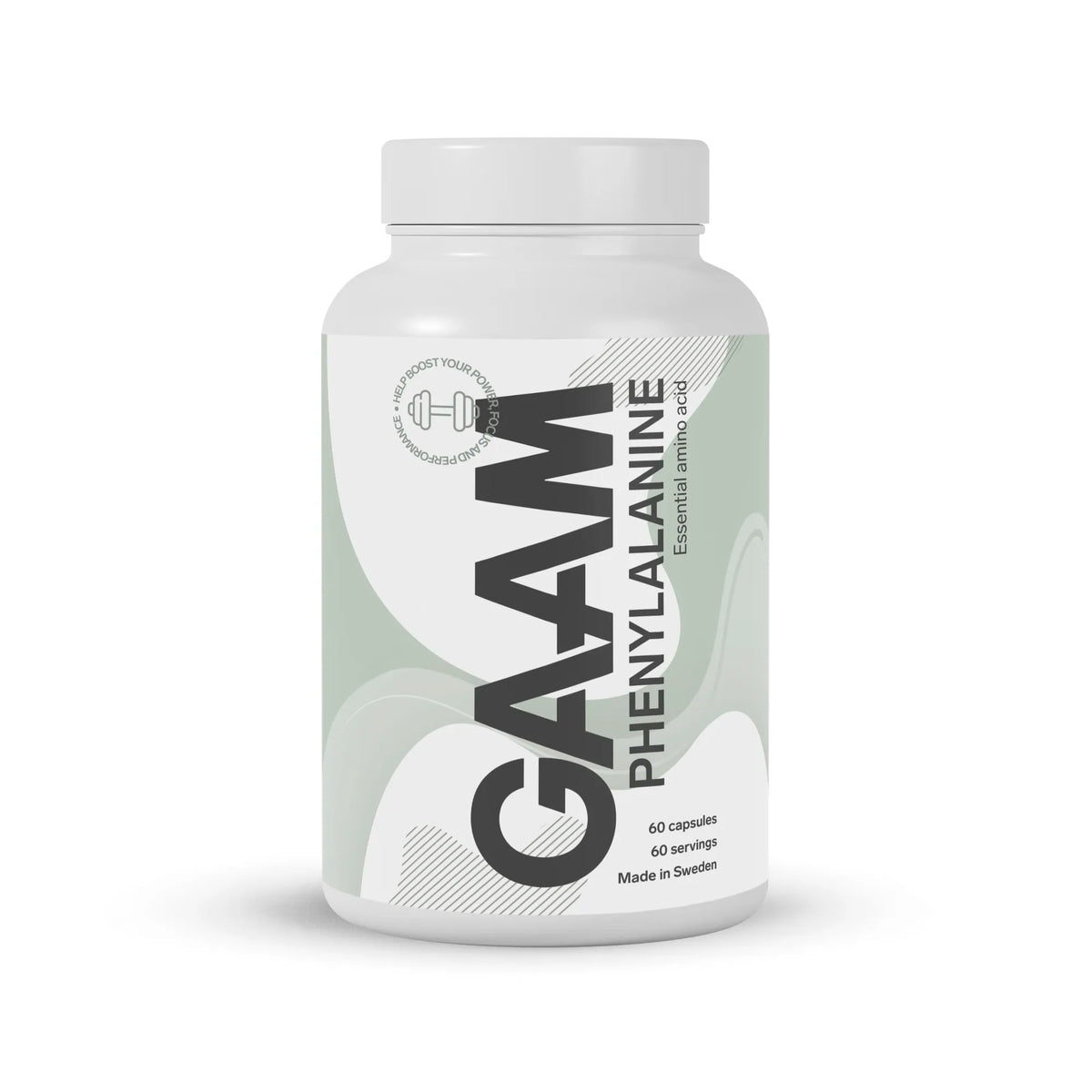 GAAM Phenylalanine 60 caps essentiell aminosyra i en vit burk med grå och svarta detaljer.