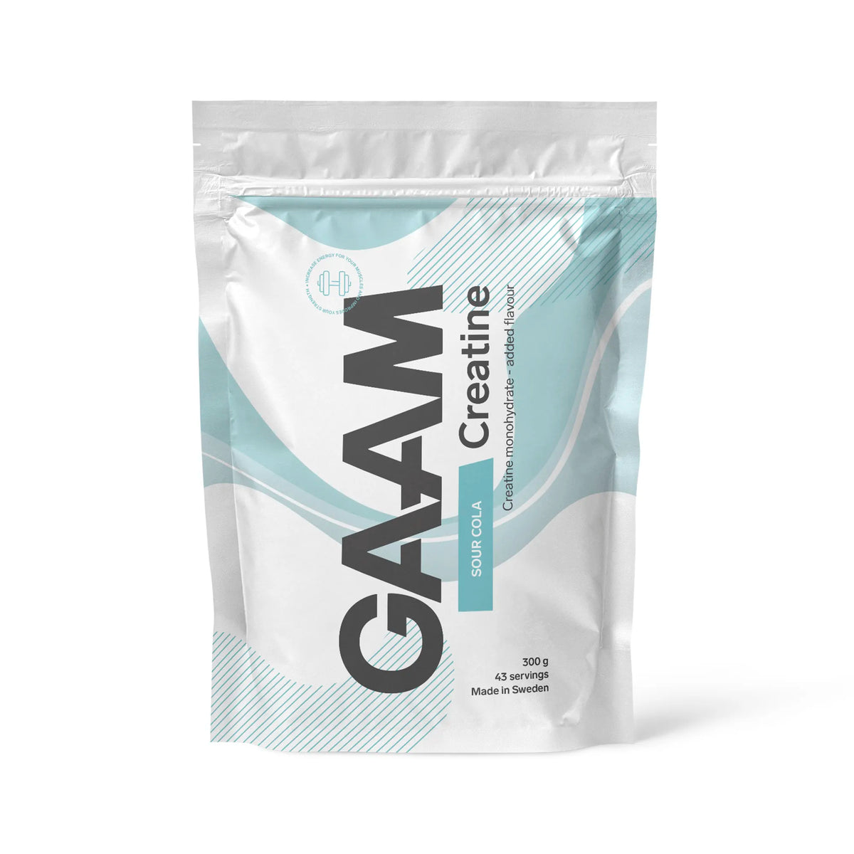 GAAM Creatine 300 g kreatinpulver i en vit påse med ljusblå detaljer för smaken Sour Cola., bild 1 av 6