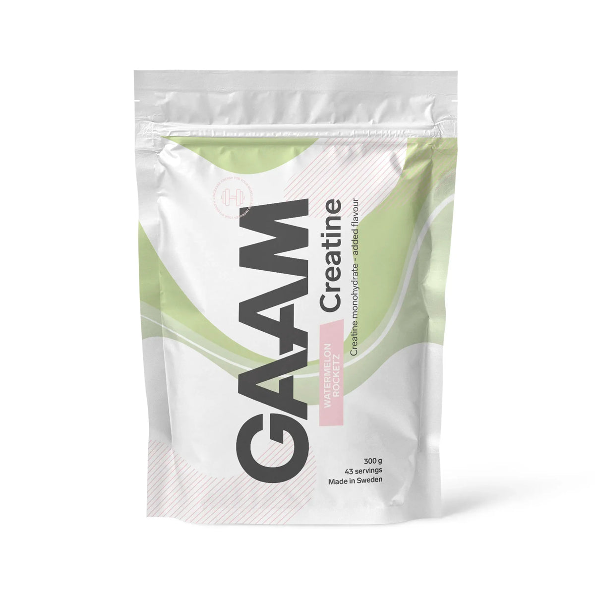 GAAM Creatine 300 g kreatinpulver i en vit påse med gröna detaljer för smaken Watermelon Rocketz., bild 2 av 6