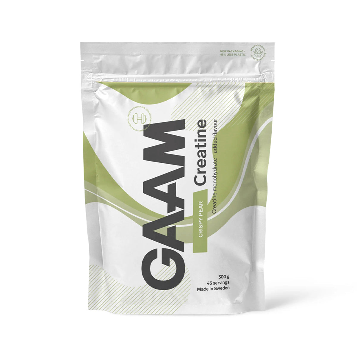 GAAM Creatine 300 g kreatinpulver i en vit påse med gröna detaljer för smaken Crispy Pear., bild 4 av 6