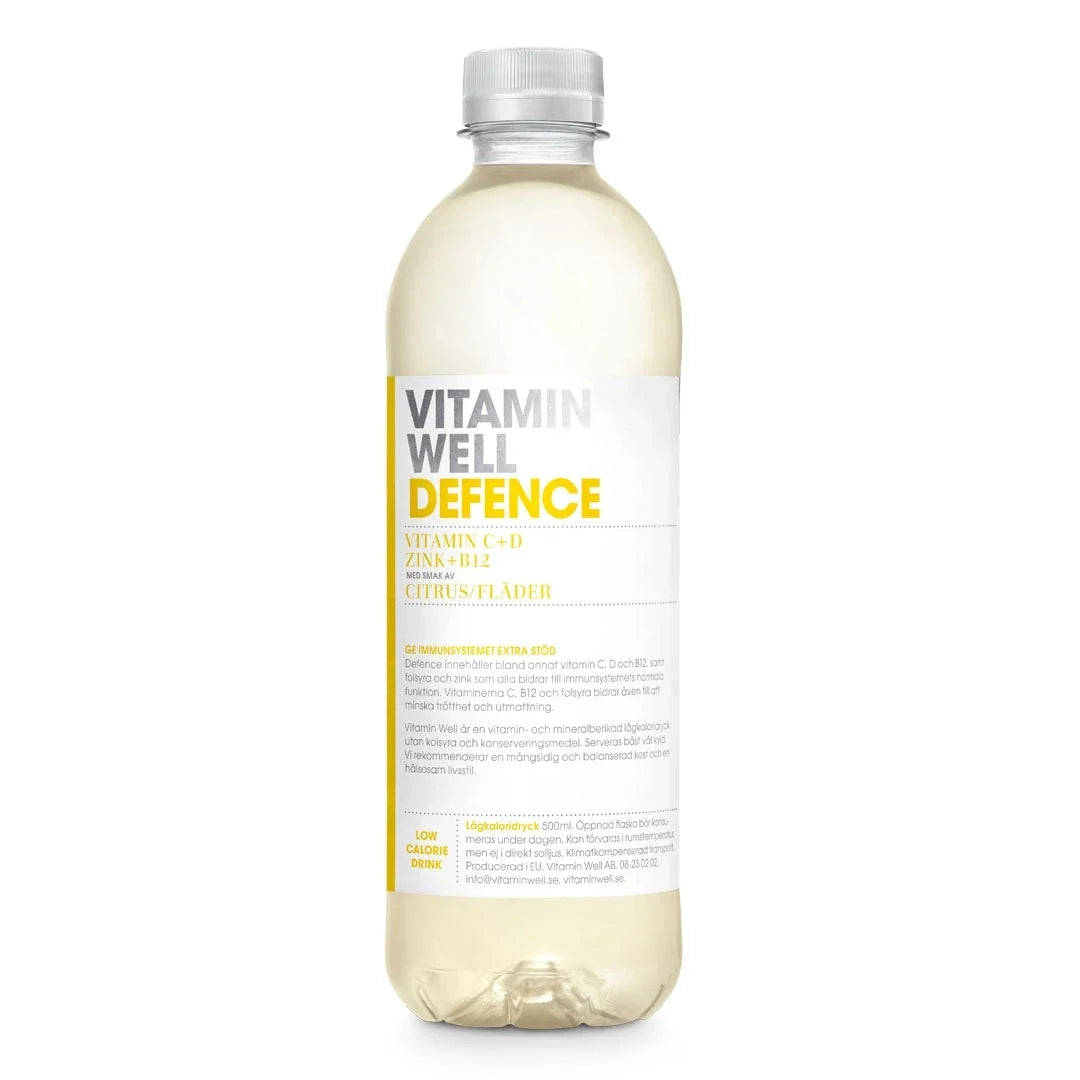 Vitamin Well 500 ml vitamindryck i en genomskinlig plastflaska med vit och gul etikett för smaken Defence Citrus/Fläder., bild 5 av 9