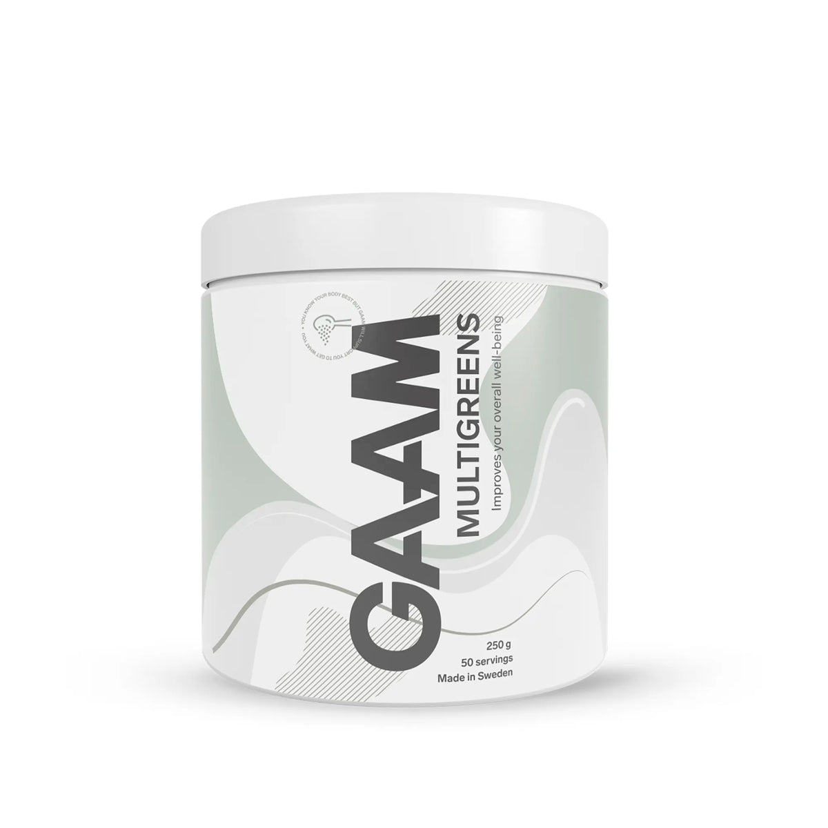 GAAM Multigreens 250 g greenspulver i en stilren vit burk med ljusgröna och grå detaljer., bild 1 av 1