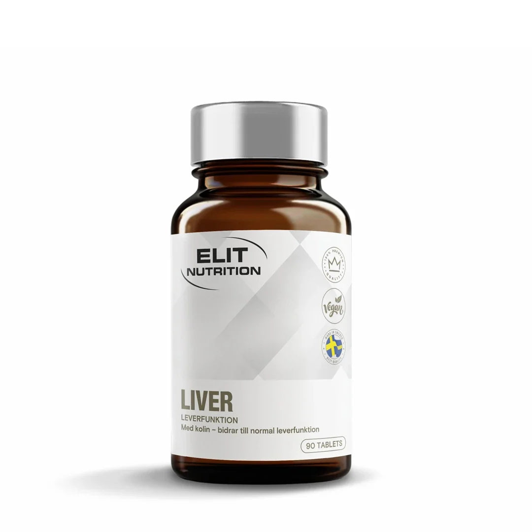 Elit Nutrition Liver Pro 90 tabs kosttillskott i en mörkbrun burk med silverlock och vit etikett.