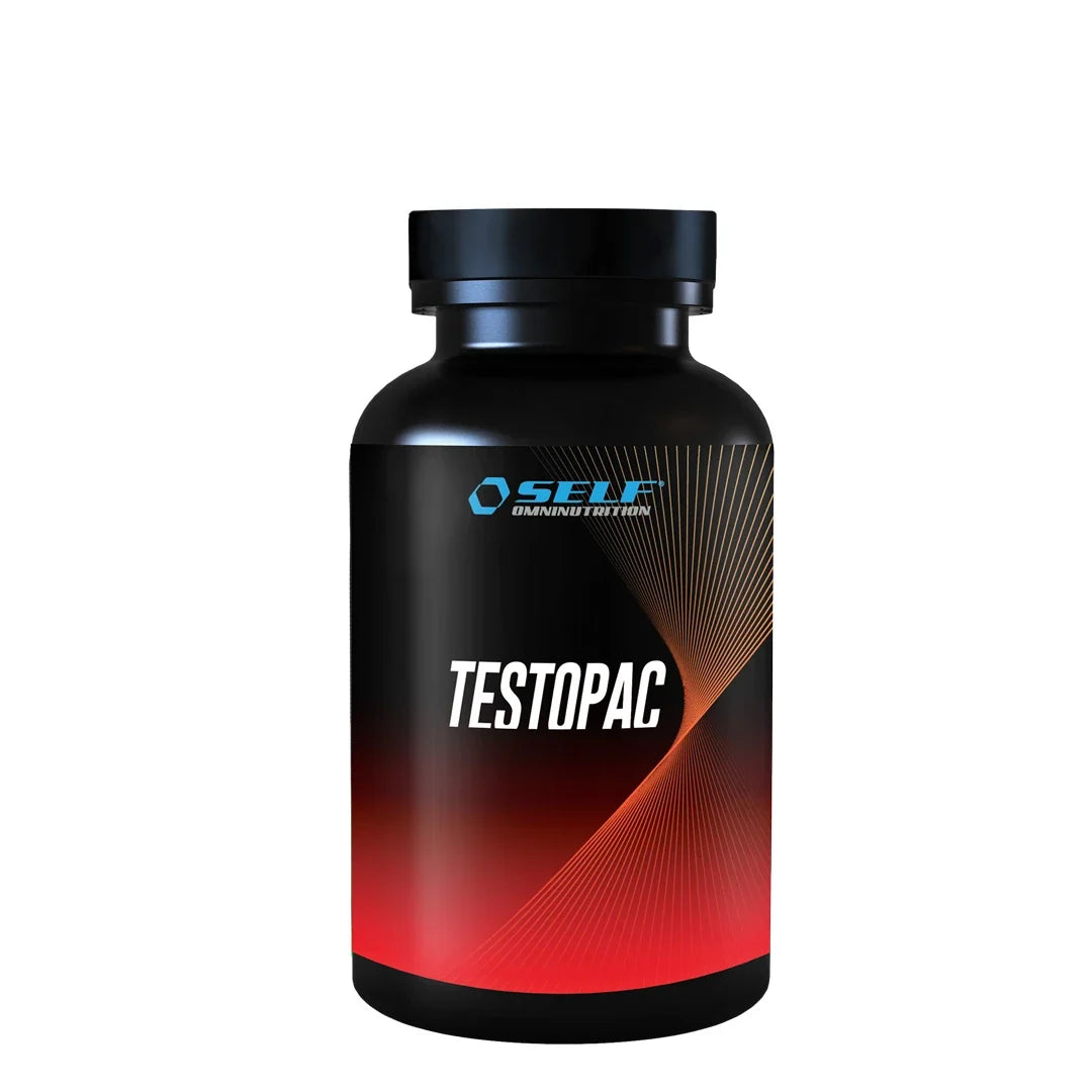Self Omninutrition TestoPac 120 caps testosteronhöjare i en svart burk med röda grafiska detaljer., bild 1 av 1