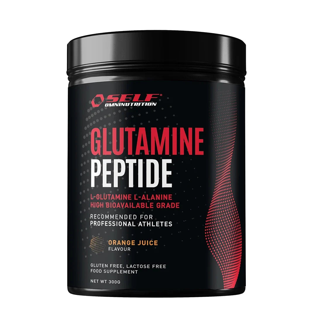 Self Omninutrition Glutamine Peptides 300 g aminosyratillskott i en svart burk med röda detaljer och apelsinsmak.