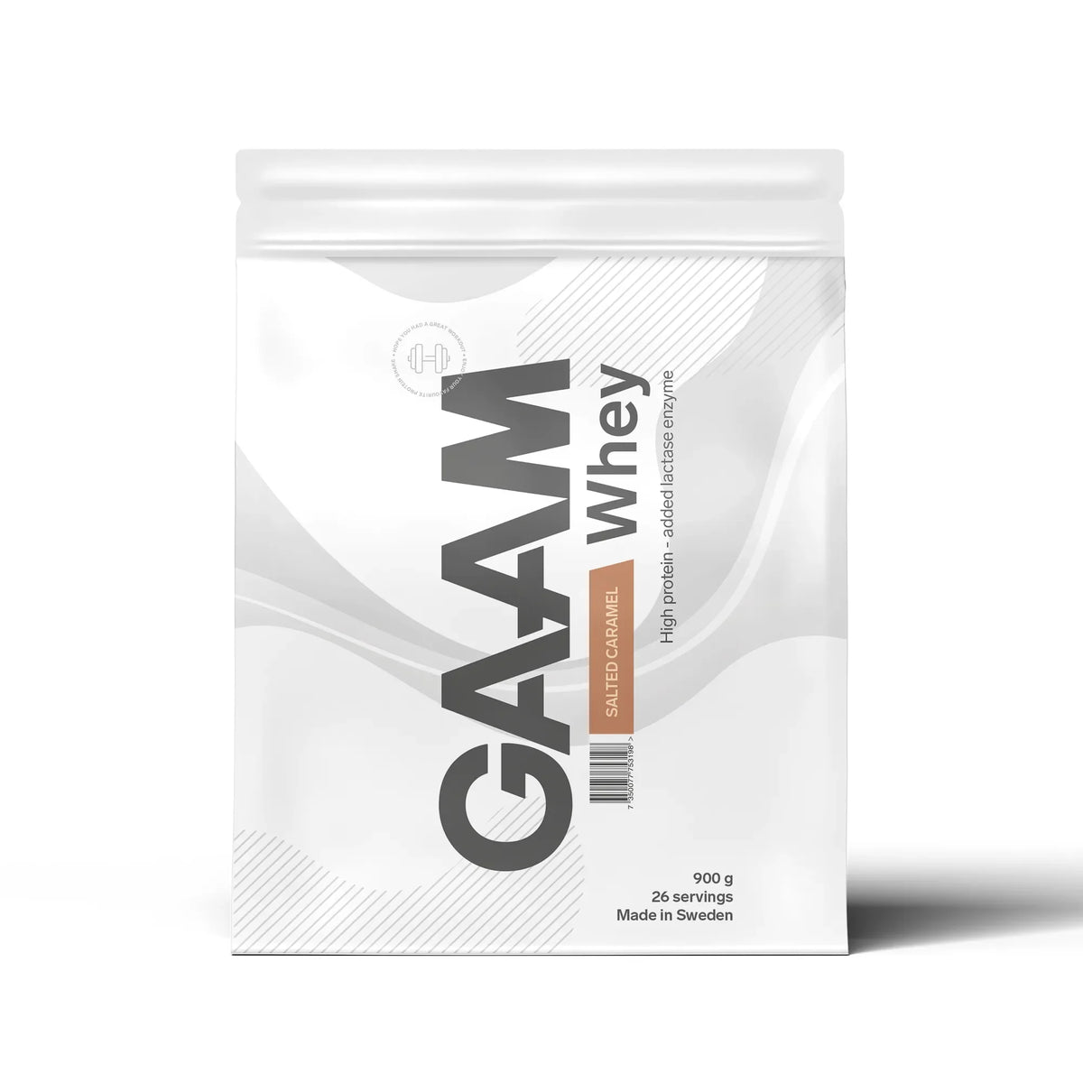 GAAM Whey 900 g proteinpulver i en vit påse med grå text och ljusbruna detaljer för smaken Salted Caramel., bild 4 av 17