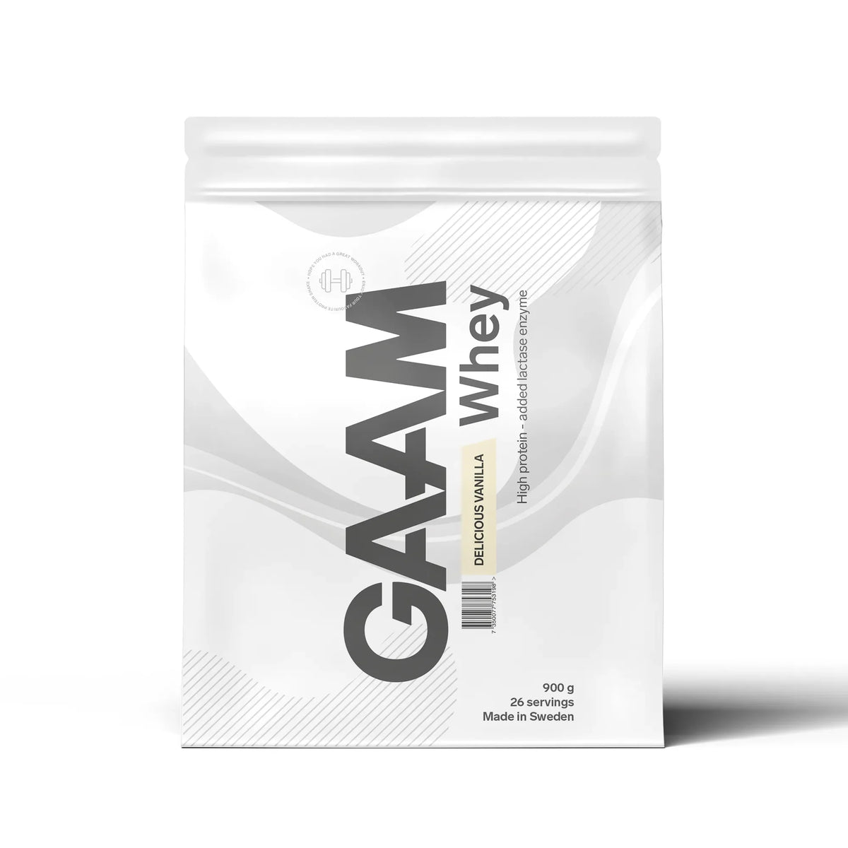 GAAM Whey 900 g proteinpulver i en vit påse med grå detaljer för smaken Delicious Vanilla., bild 1 av 17