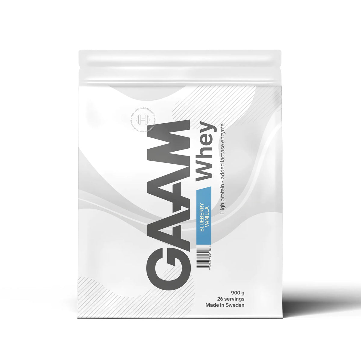 GAAM Whey 900 g proteinpulver i en vit påse med blå detaljer för smaken Blueberry Vanilla., bild 11 av 17