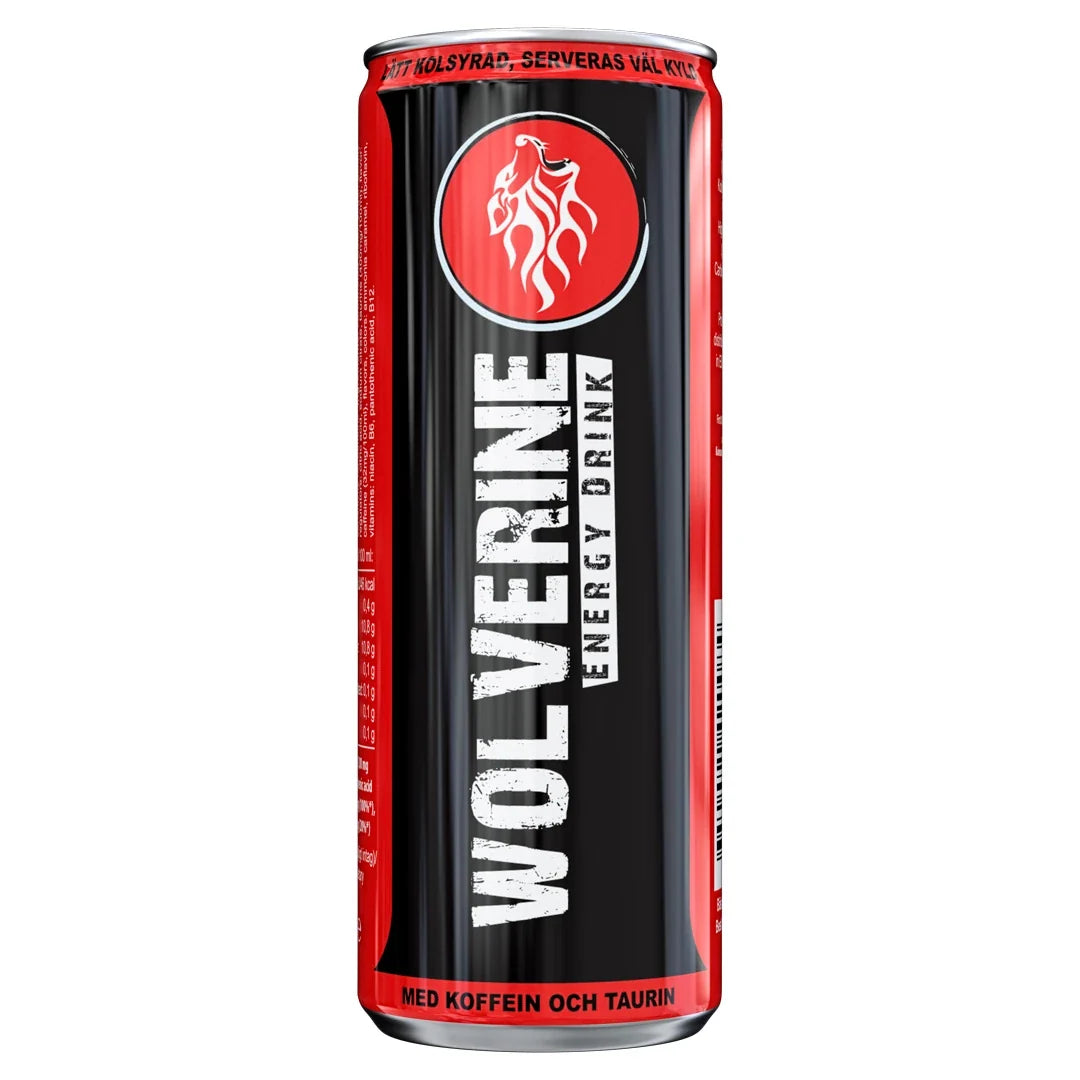Wolverine Energy Drink 250 ml i en svart och röd burk för smaken Original., bild 1 av 4