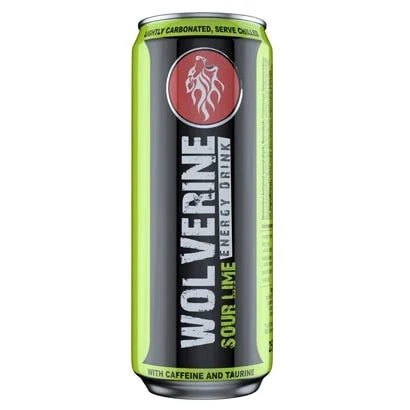 Wolverine Energy Drink 250 ml energidryck i en svart och limegrön burk för smaken Sour Lime.