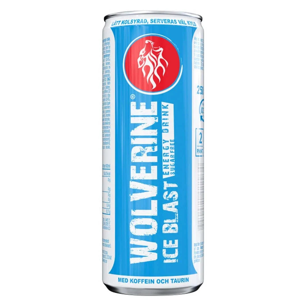 Wolverine Energy Drink 250 ml i en ljusblå burk med röd logotyp för den sockerfria smaken Ice Blast., bild 3 av 4