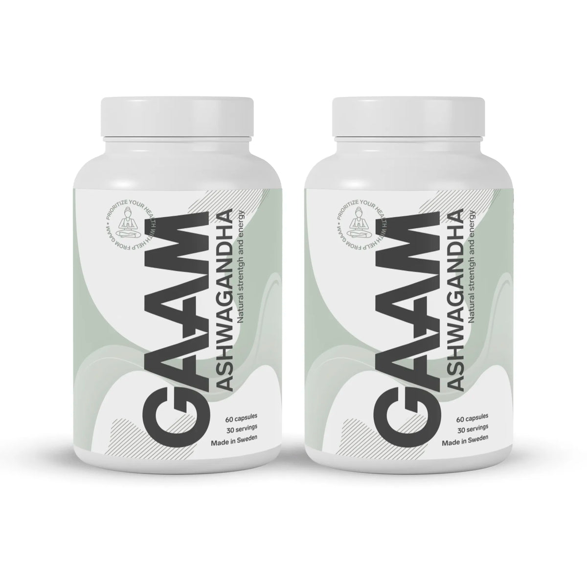 2 x GAAM Ashwagandha 60 caps kosttillskott i två vita burkar med grå och svarta detaljer., bild 1 av 1