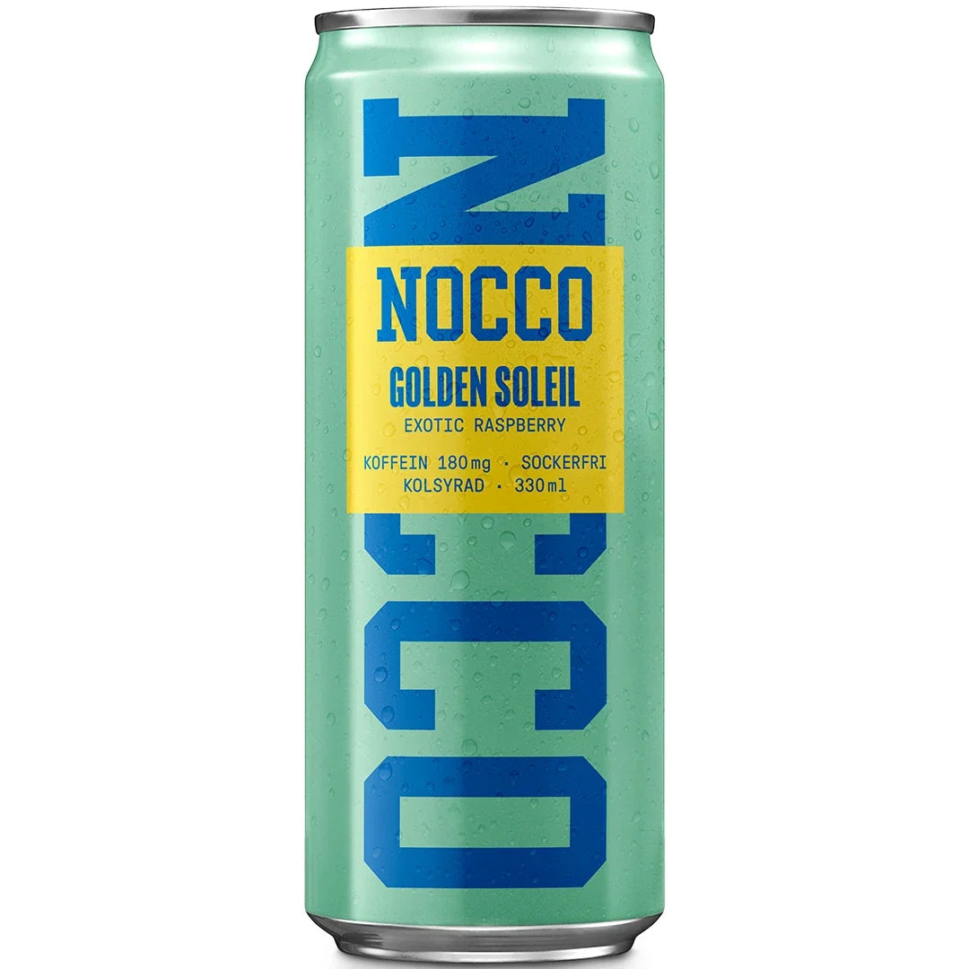 NOCCO BCAA 330 ml energidryck i en ljusgrön burk med blå text och gula detaljer för smaken Golden Soleil.