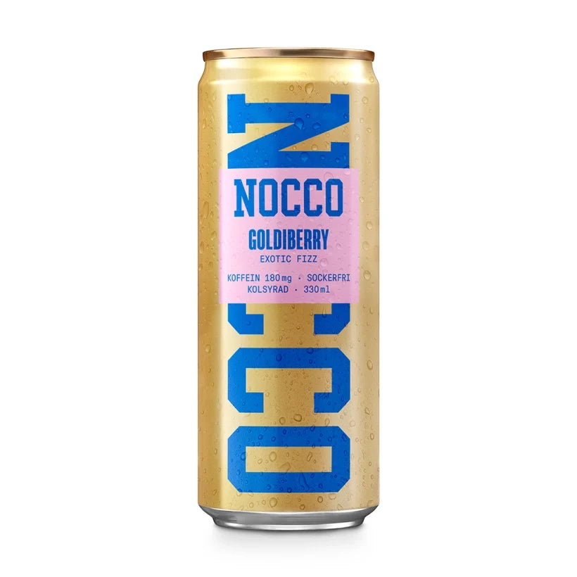 NOCCO BCAA 330 ml energidryck i en guldig burk med blå och rosa detaljer för smaken Goldiberry.