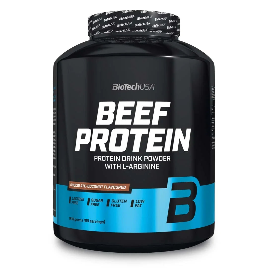 BioTechUSA Beef Protein 1.816 kg proteinpulver i en svart burk med blå detaljer och smaken Chocolate Coconut., bild 1 av 1