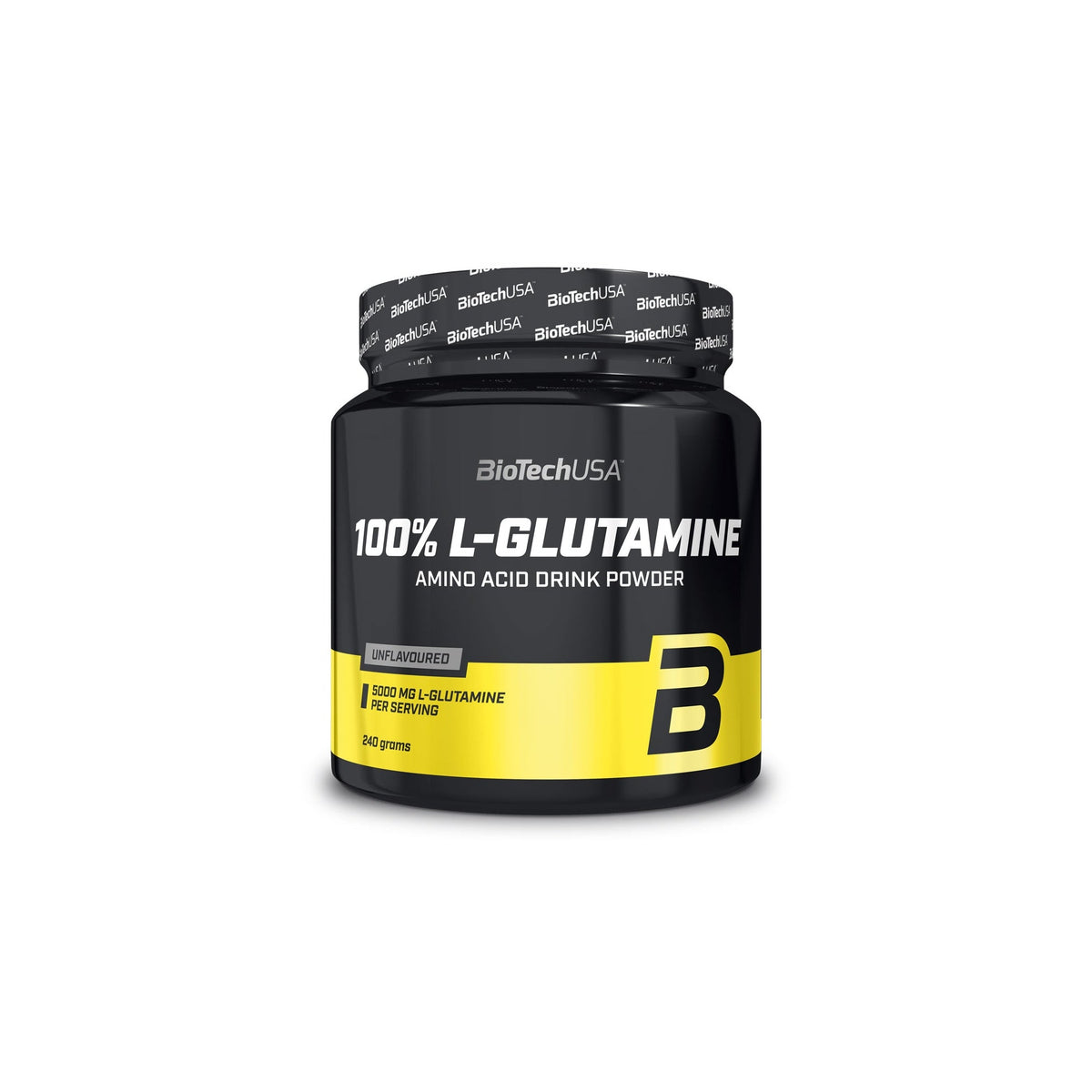 BioTechUSA 100% L-glutamine 240 g aminosyrapulver i en svart burk med gula detaljer, naturell smak., bild 1 av 1