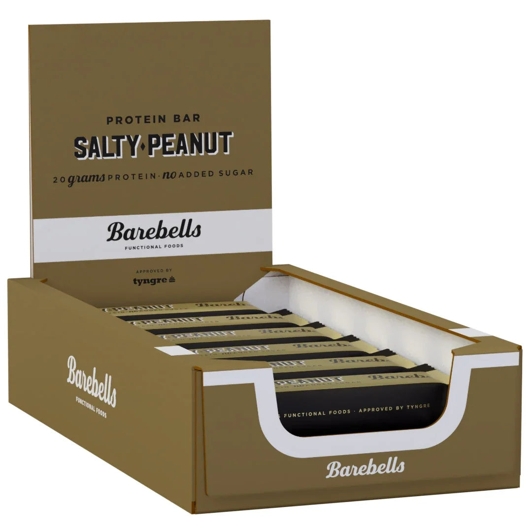 12 x Barebells Protein Bar 55 g Salty Peanut i en ljusbrun kartong med vita och svarta detaljer., bild 1 av 1
