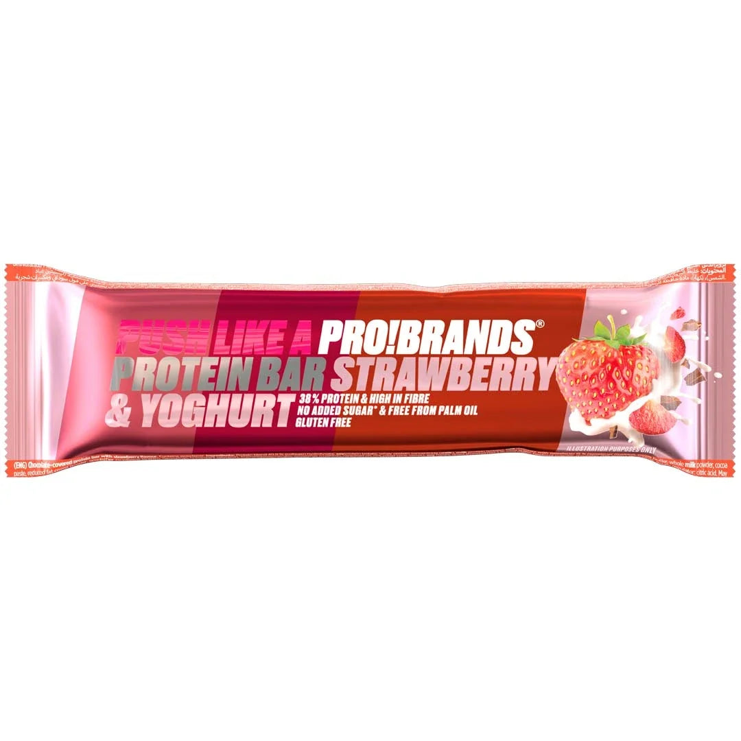 Pro Brands Proteinbar 45 g i en glänsande rosa och röd förpackning för smaken Strawberry Yoghurt., bild 1 av 5