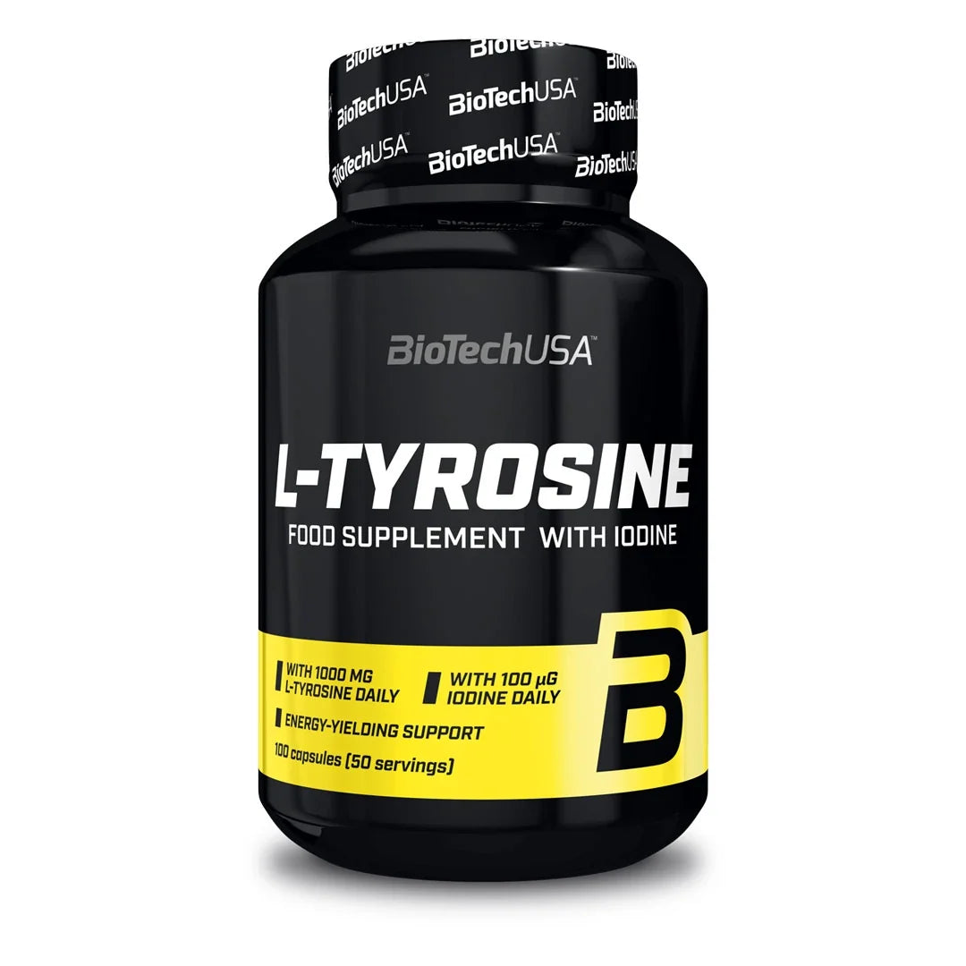BioTechUSA L-tyrosine 100 caps kosttillskott i en svart burk med gula och vita textdetaljer., bild 1 av 1