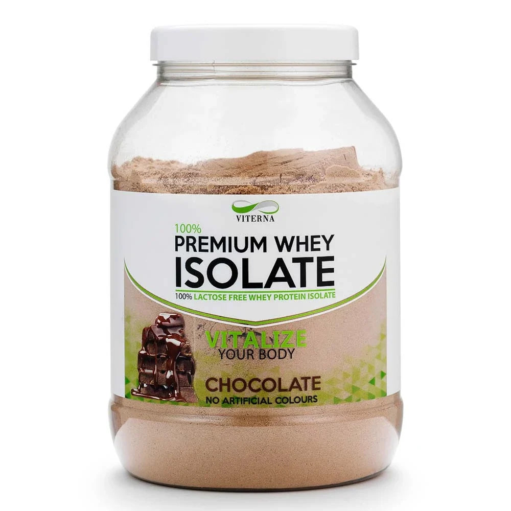 Viterna 100% Premium Whey Isolate 900 g proteinpulver i en genomskinlig burk för smaken choklad.