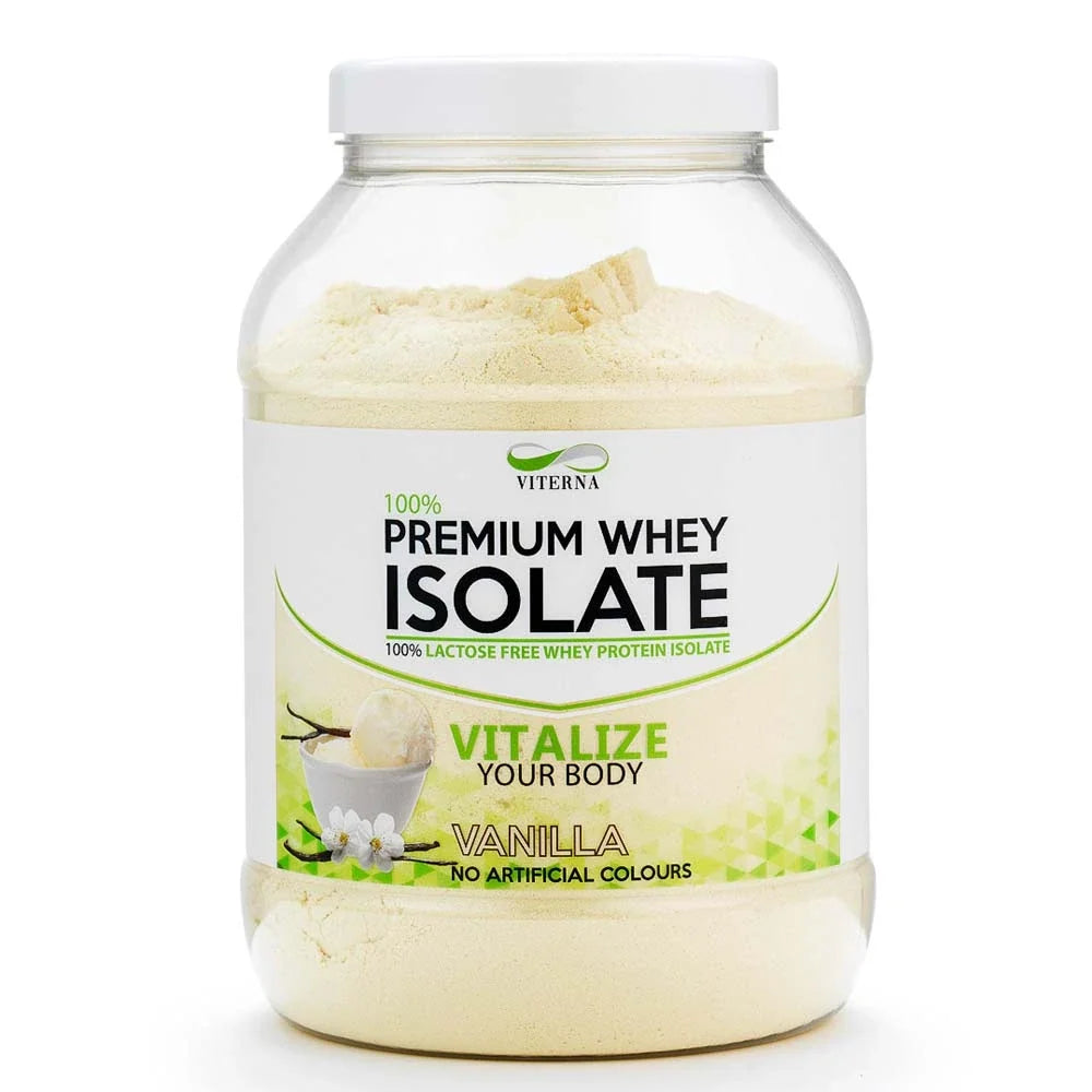 Viterna 100% Premium Whey Isolate 900 g i en transparent plastburk med vit etikett och gröna detaljer för smaken Vanilla.