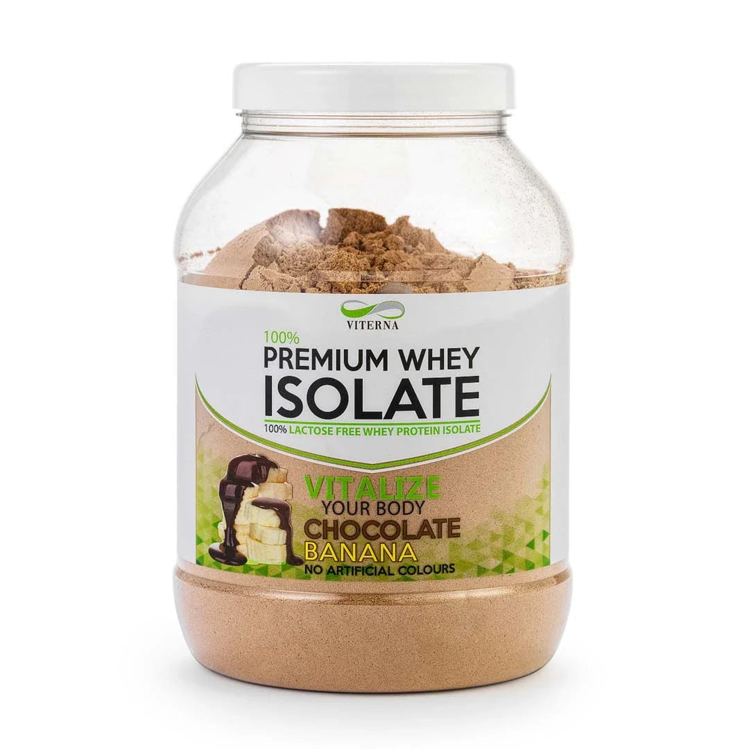 Viterna 100% Premium Whey Isolate 900 g proteinpulver i en genomskinlig plastburk för smaken Chocolate Banana., bild 3 av 4